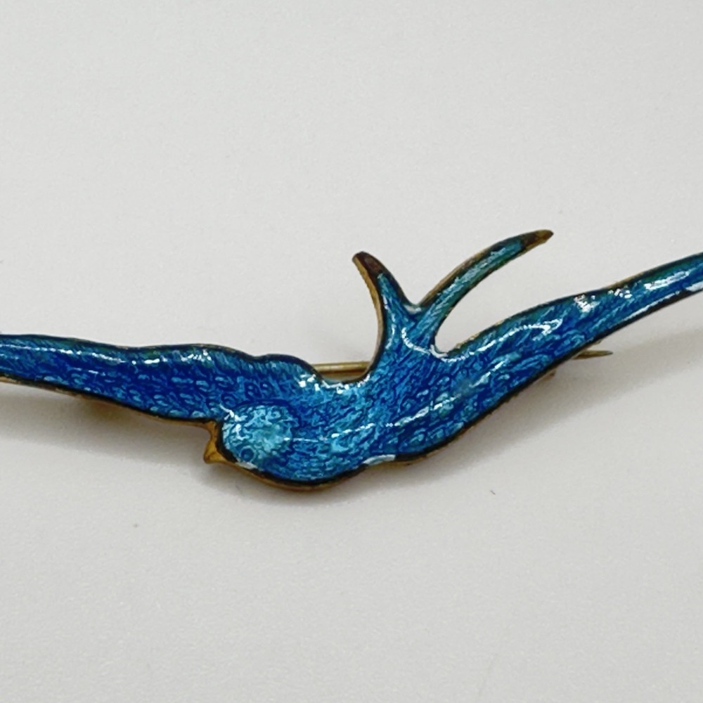 Antique Victorian Bluebird Swallow Pin Brooch Guilloche Enameled 2.5" - Picture 7 of 10